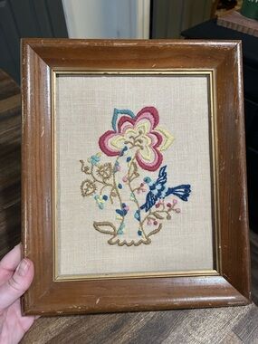Hand-Embroidered Floral & Bird Artwork - Framed